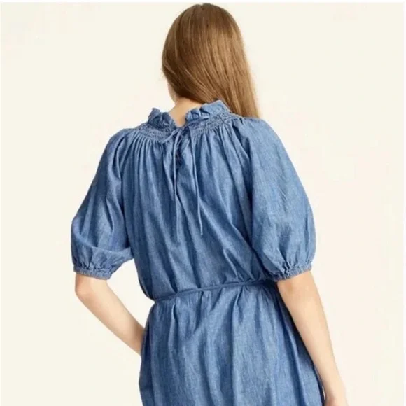 J. Crew Blue Denim Midi Dress with Smocked Neck - Picture 3 of 14